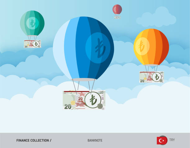 illustrazioni stock, clip art, cartoni animati e icone di tendenza di mongolfiere con 20 banconote turche in lira. illustrazione vettoriale in stile piatto. concetto di finanza. - l flag