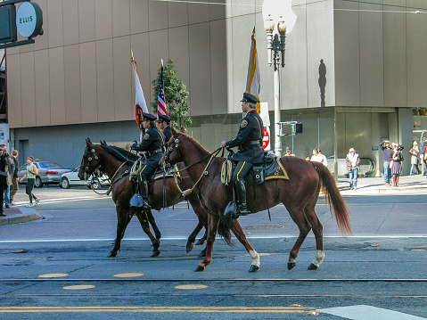 SAN FRANCISCO, CA, USA - NOV 11, 2007: Police officers ride on horseback at Green Party parade on Market street on Nov 11, 2007 in San Francisco, CA, USA.