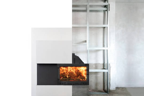istock Process installation of fireplace insert in living room 1071672050