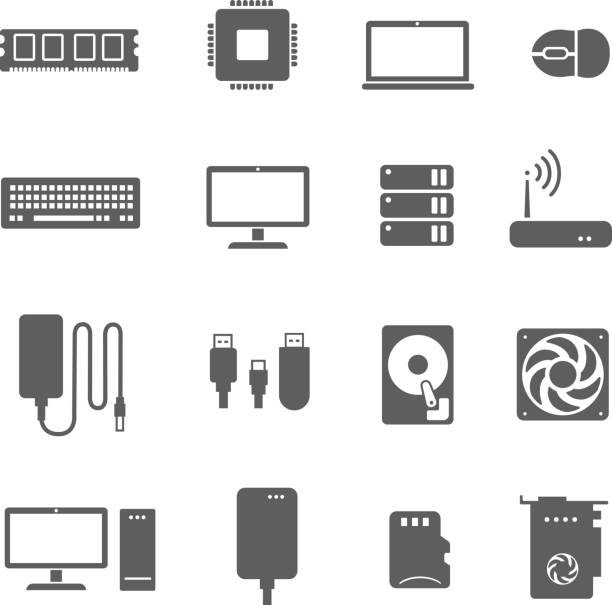 Computer components vector icons. Processor, CPU, RAM, hardware, video card, hdd Computer components vector icons. Processor, CPU, RAM, hardware, video card, hdd spatholobus suberectus dunn stock illustrations