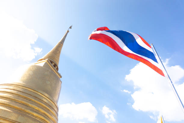 pagoda with Thailand flag on blue sky