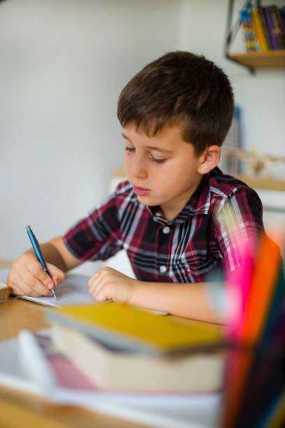 istock Boy studying for school at home 1071674764