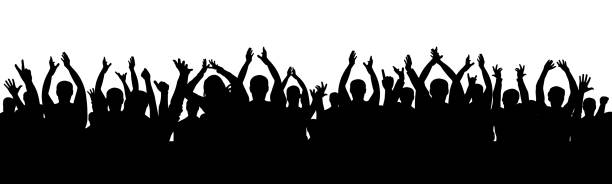 illustrazioni stock, clip art, cartoni animati e icone di tendenza di applausi del pubblico. folla di persone che applaudono la silhouette vettoriale - celebration group of people family crowd