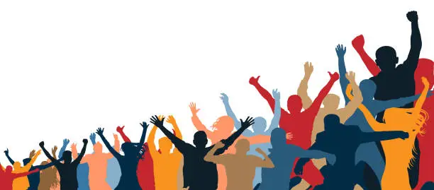 Vector illustration of Crowd of cheerful people. Isolated, separate from each other. Hands up. Group of people. Increasing, inclined, under the slope