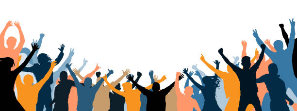 ilustrações de stock, clip art, desenhos animados e ícones de crowd of people applauding. isolated separate people, silhouette. cheer audience. party, applause. fans dance concert, disco - cheering