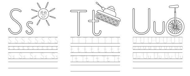 praxis der buchstaben s, t, u. malbuch schreiben. bildung für kinder. vektor-illustration - connect the dots englische redewendung stock-grafiken, -clipart, -cartoons und -symbole