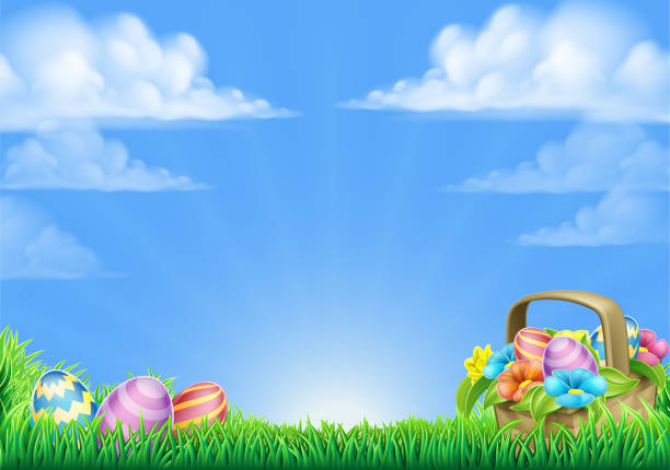 Easter Eggs Basket Background An Easter eggs basket design field scene background easter background stock illustrations