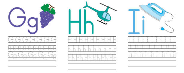 написание практики букв g,h,i. образование для детей. иллюстрация вектора - letter h alphabet education learning stock illustrations