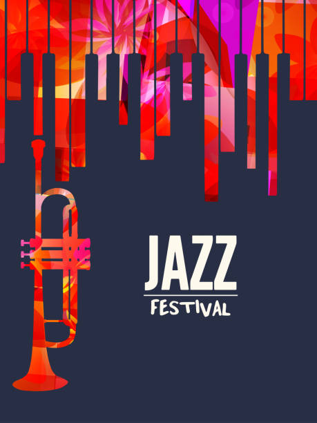 Jazz music festival poster with piano keyboard and trumpet Jazz music festival poster with piano keyboard and trumpet vector illustration design. Music background with music instruments, live concert events, party flyer, brochure, promotion banner club concert stock illustrations