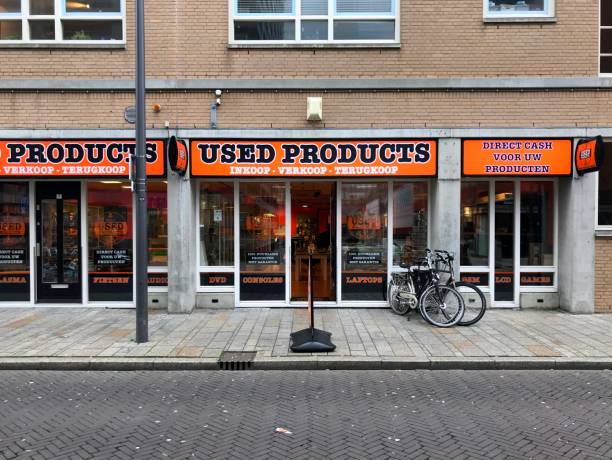 Entrance of Dutch pawn shop Used Products. stock photo