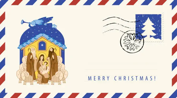 Vector illustration of Mary and Jesus. Adoration of the Magi. Envelope