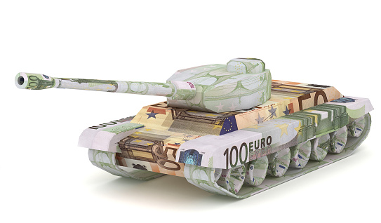 Euro Tank. Money origami. military concept. Isolated on white background. Digital 3D illustration