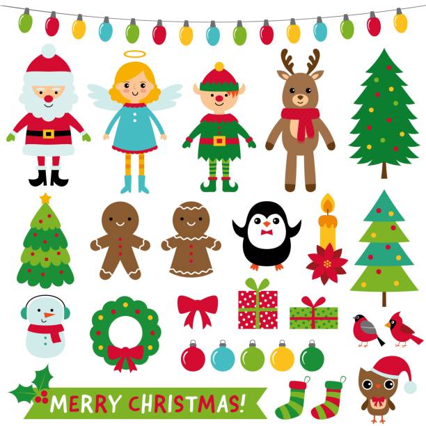 vánoční dekorace a postavy (santa, elf, anděl, sobi), vektorová sada - klipart stock ilustrace