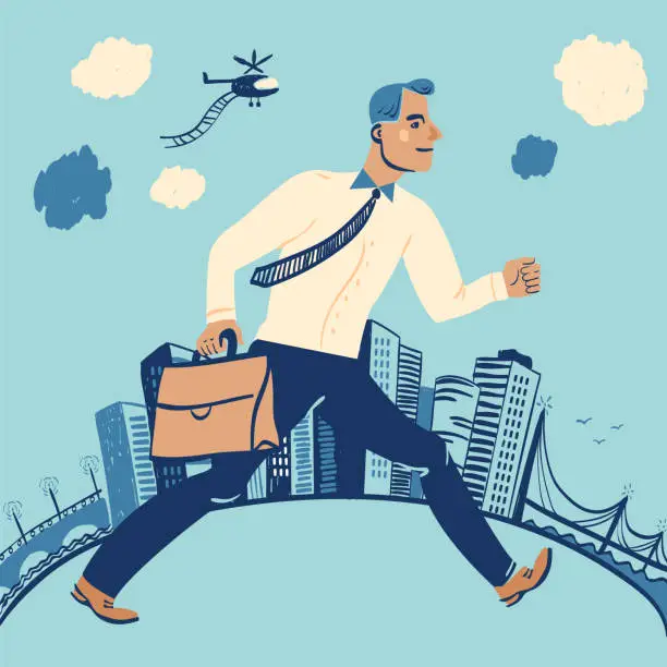 Vector illustration of Businessman walking in a hurry through the business district in a city with tall 
skyscraper buildings,