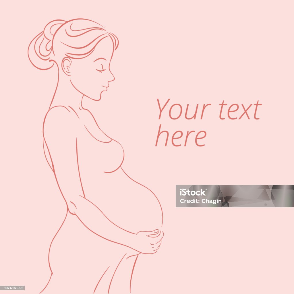 Pregnant woman Relaxed mother-to-be holding her pregnant stomach and smiling peacefully on a light pink background with space for your text. Pregnant stock vector