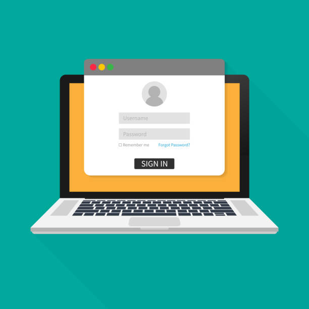 Login page on laptop screen. Notebook and online login form, sign in page. User profile, access to account concepts. Vector illustration. Login page on laptop screen. Notebook and online login form, sign in page. User profile, access to account concepts. Vector stock illustration. log on stock illustrations