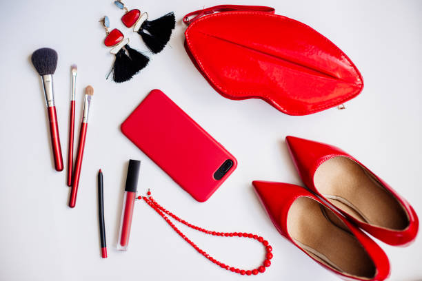 istock Red shoes, cosmetics and accessories. 1071712228