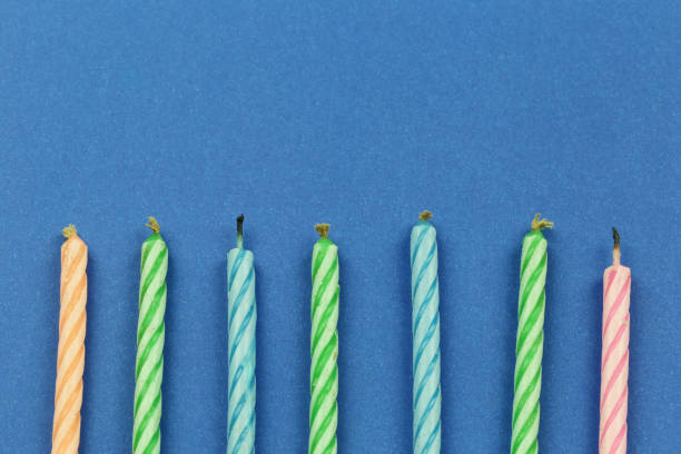 istock Small candles on blue paper background. 1071725288