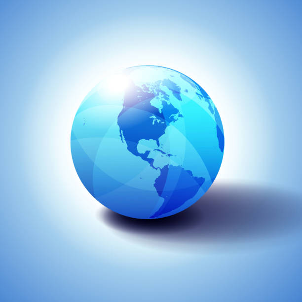 North and South America Background with Globe Icon 3D illustration Glossy, Shiny Sphere with Global Map in Subtle Blues giving a transparent feel. barbados map stock illustrations