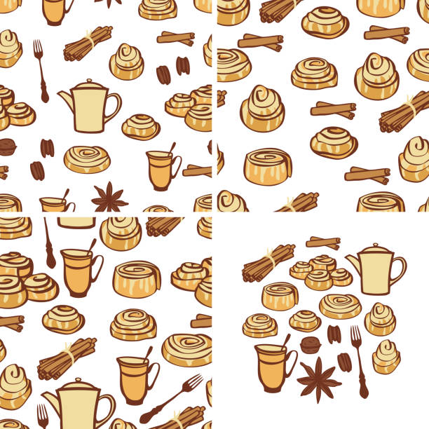 bildbanksillustrationer, clip art samt tecknat material och ikoner med tre sömlösa mönster mat samling kanel bullar och bageri kryddor isolerade objekt hand ritning - cinnamon buns bakery