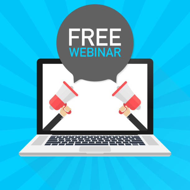 Laptop notebook computer screen. Hand holding megaphone. Free webinar text in speech bubble. Vector illustration. Laptop notebook computer screen. Hand holding megaphone. Free webinar text in speech bubble. Vector stock illustration. air fees stock illustrations