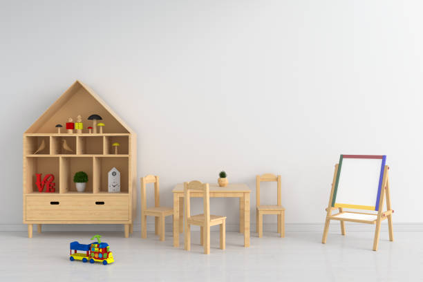 istock Table and chair in white child room for mockup, 3D rendering 1071729298