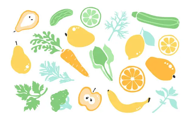 Vector illustration of Vegan healty food. Detox. Set fruit, vegetables, greenery. Vector illustration.