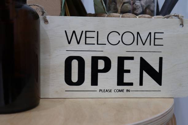 istock Text off welcome,open on wood plate 1071740176
