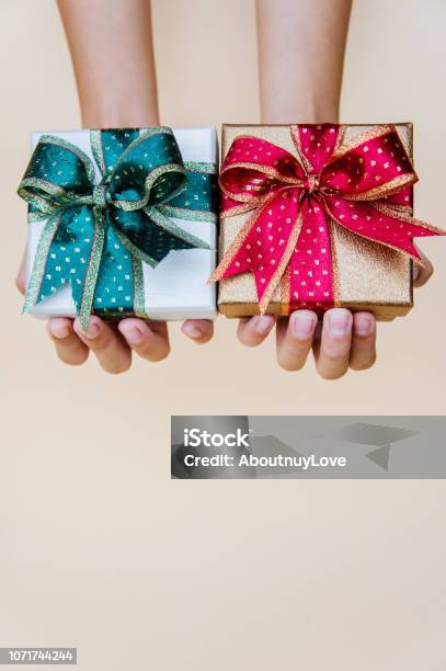 Gift Boxes Red And Green Box For Holiday Christmas Background Thankgiving Festival 2019 Stock Photo - Download Image Now