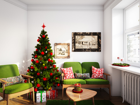 Digitally generated Christmas decorated small and cozy modern living room interior design, with sofa, armchair and coffee table.

The scene was rendered with photorealistic shaders and lighting in Autodesk® 3ds Max 2016 with V-Ray 3.6 with some post-production added.