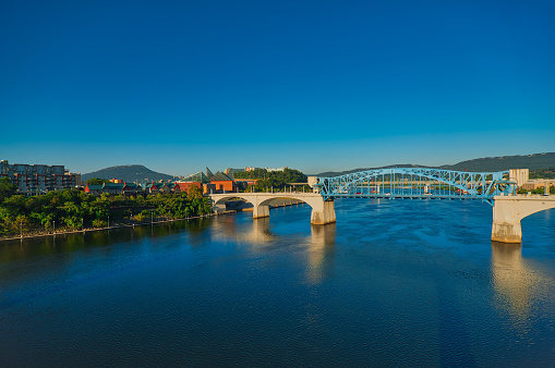 View of Chattanooga, Lookout Mountain and the Market Street bridge over the Tennessee River