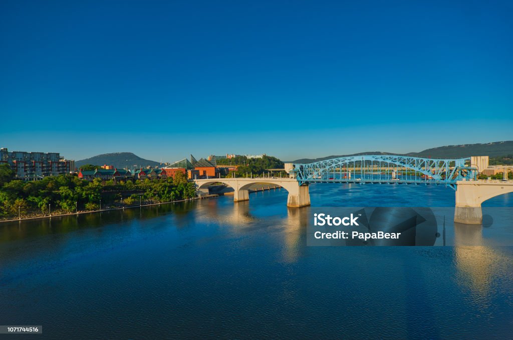 Chattanooga river scene View of Chattanooga, Lookout Mountain and the Market Street bridge over the Tennessee River Chattanooga Stock Photo