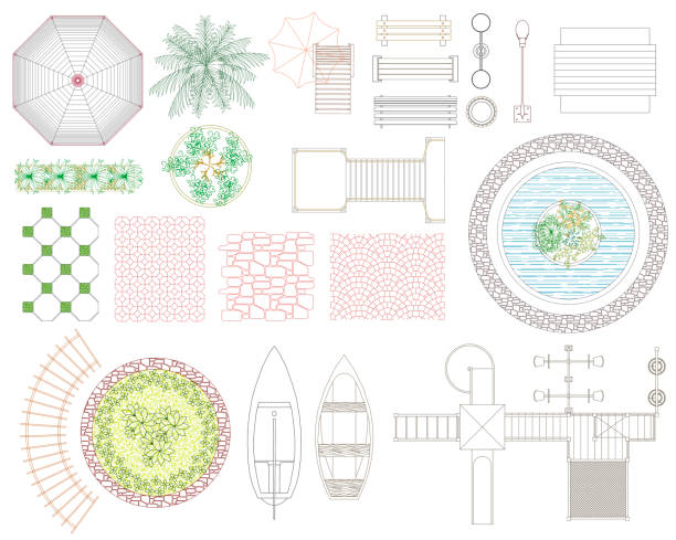 graficzny zestaw elementów rekreacyjnych i krajobrazowych. widok z góry. - fountain in garden stock illustrations