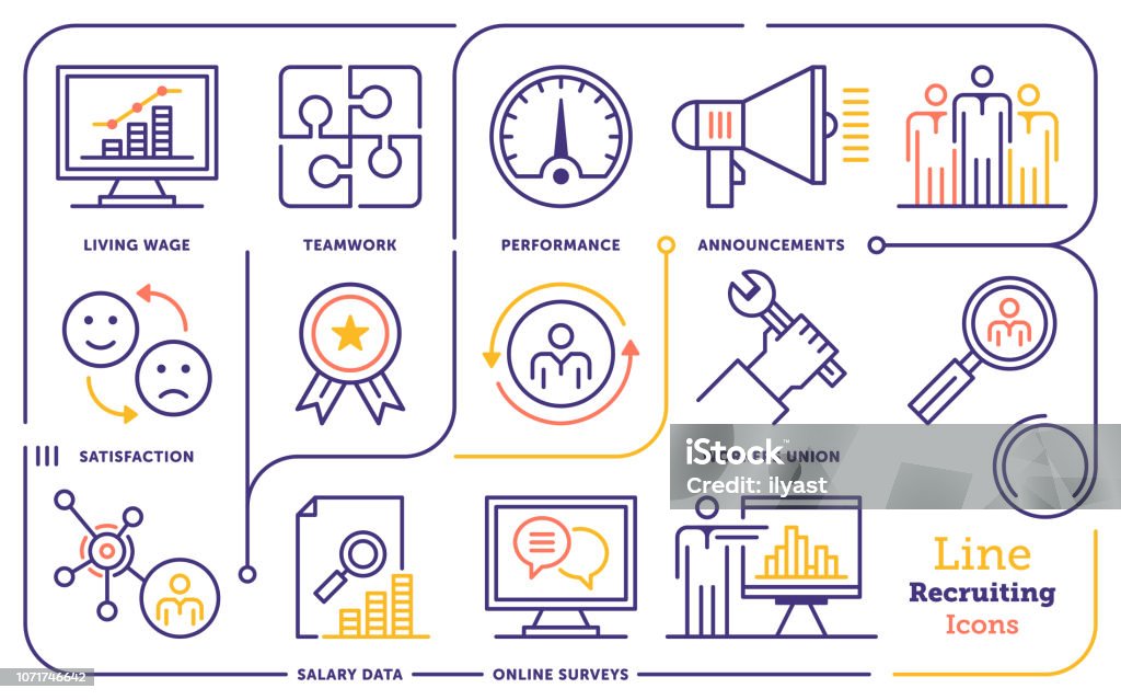 Recruitment & Retention Line Icon Set Line icon vector illustrations of professional recruitment and human resource management. Infographic stock vector