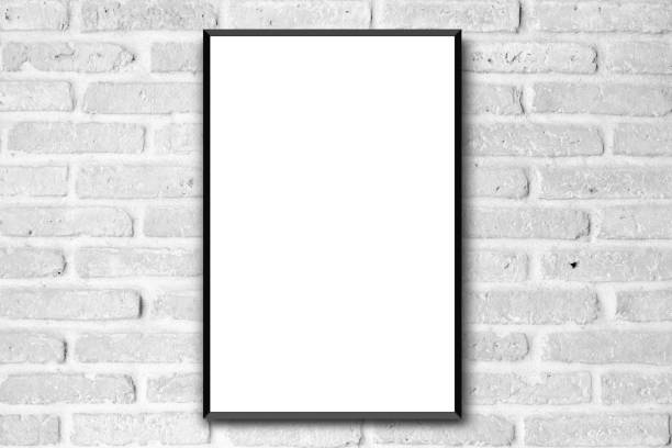 mock up poster frame on white brick background texture for design and decorate interior concept