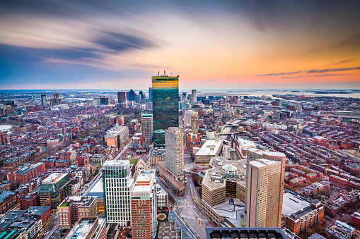 Boston, Massachusetts, USA downtown skyline from above at twilight.