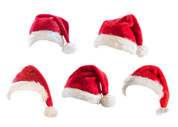 costume da cappello rosso aiutante di babbo natale isolato su sfondo bianco con percorso di ritaglio per le festività natalizie di natale e capodanno decorazione di design per feste stagionali - christmas hat foto e immagini stock