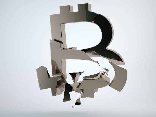 istock Black bitcoin symbol shattered and broken on grey background. 3d render, 3d animation 1071754438