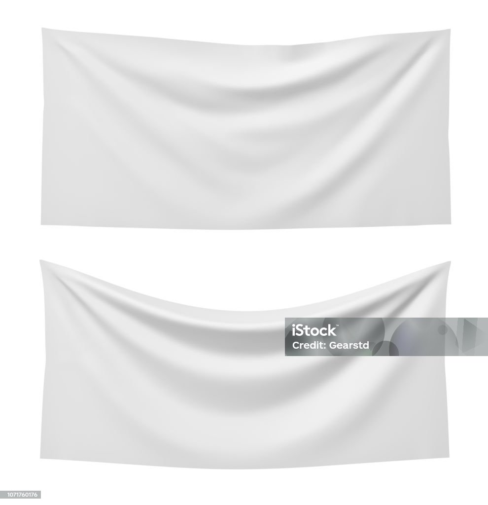 3D Rendering der zwei weiße Rechteck-Flaggen, direkt und anderen hängend auf einem weißen Hintergrund. - Lizenzfrei Spruchband Stock-Foto