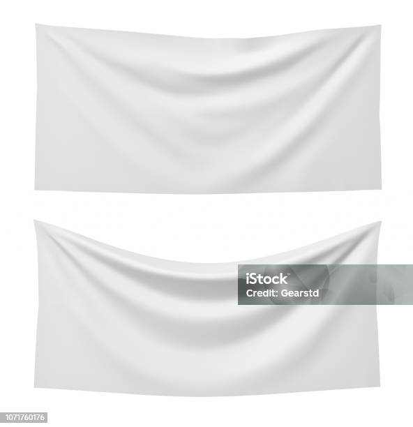3d Rendering Der Zwei Weiße Rechteckflaggen Direkt Und Anderen Hängend Auf Einem Weißen Hintergrund Stockfoto und mehr Bilder von Spruchband