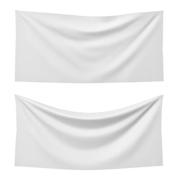 representación 3d de dos banderas del rectángulo blanco, uno recto y otro colgando hacia abajo sobre un fondo blanco. - pancarta fotografías e imágenes de stock