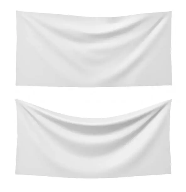 3d rendering of two white rectangle flags, one straight and another hanging down on a white background. Flags and symbolic. Political party accessories. Background for symbols.