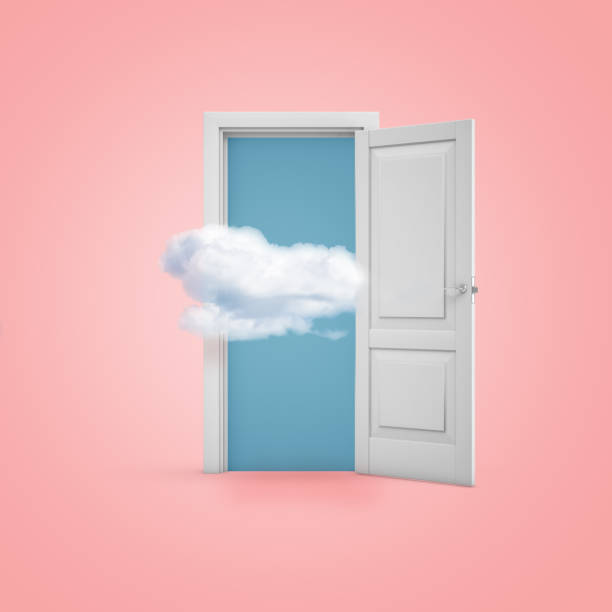 render 3d de una blanco puerta abierta con una nube sobre fondo rosa claro - opportunity door new cloud fotografías e imágenes de stock