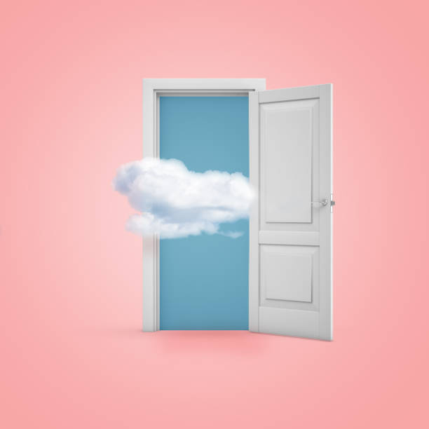 istock 3d rendering of a white open doorway with a cloud on light pink background 1071765898
