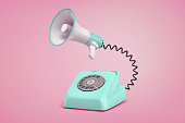 3d rendering of turquoise retro phone with a dial stands on a pink background connected to a megaphone by a black cord.