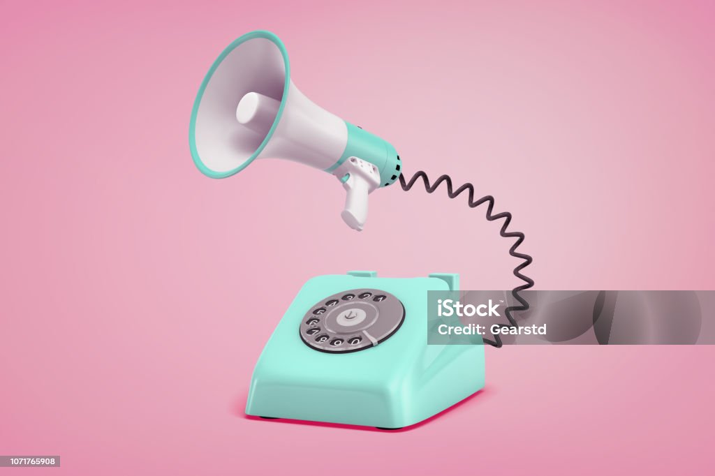 3d rendering of turquoise retro phone with a dial stands on a pink background connected to a megaphone by a black cord. 3d rendering of turquoise retro phone with a dial stands on a pink background connected to a megaphone by a black cord. Retro and vintage tech. Phone and dial. Communication and public speech. Telephone Stock Photo