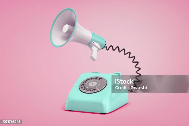 3d Rendering Of Turquoise Retro Phone With A Dial Stands On A Pink Background Connected To A Megaphone By A Black Cord Stock Photo - Download Image Now