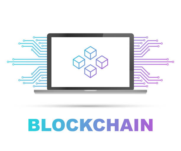 디스플레이에 연결 된 큐브 노트북 화면에서 blockchain 아이콘. 데이터베이스, 데이터 센터, cryptocurrency 및 blockchain의 상징 - circuit board order paying part of stock illustrations