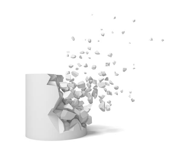 istock 3d rendering of a solid cylinder getting destroyed with pieces flying up. 1071766240