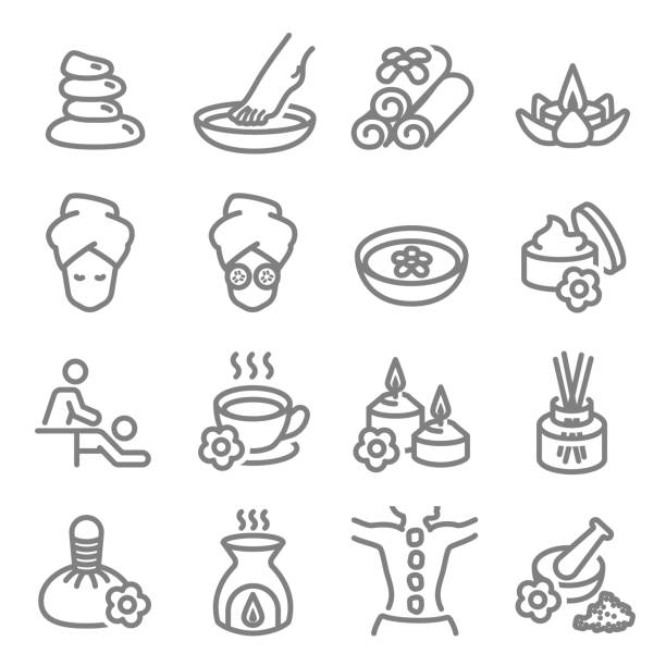 ilustraciones, imágenes clip art, dibujos animados e iconos de stock de spa masaje relacionados con iconos de línea del vector. contiene iconos como vela de aroma, masaje del pie, difusor y mucho más. movimiento de expansión. - facial mask spa treatment cucumber human face